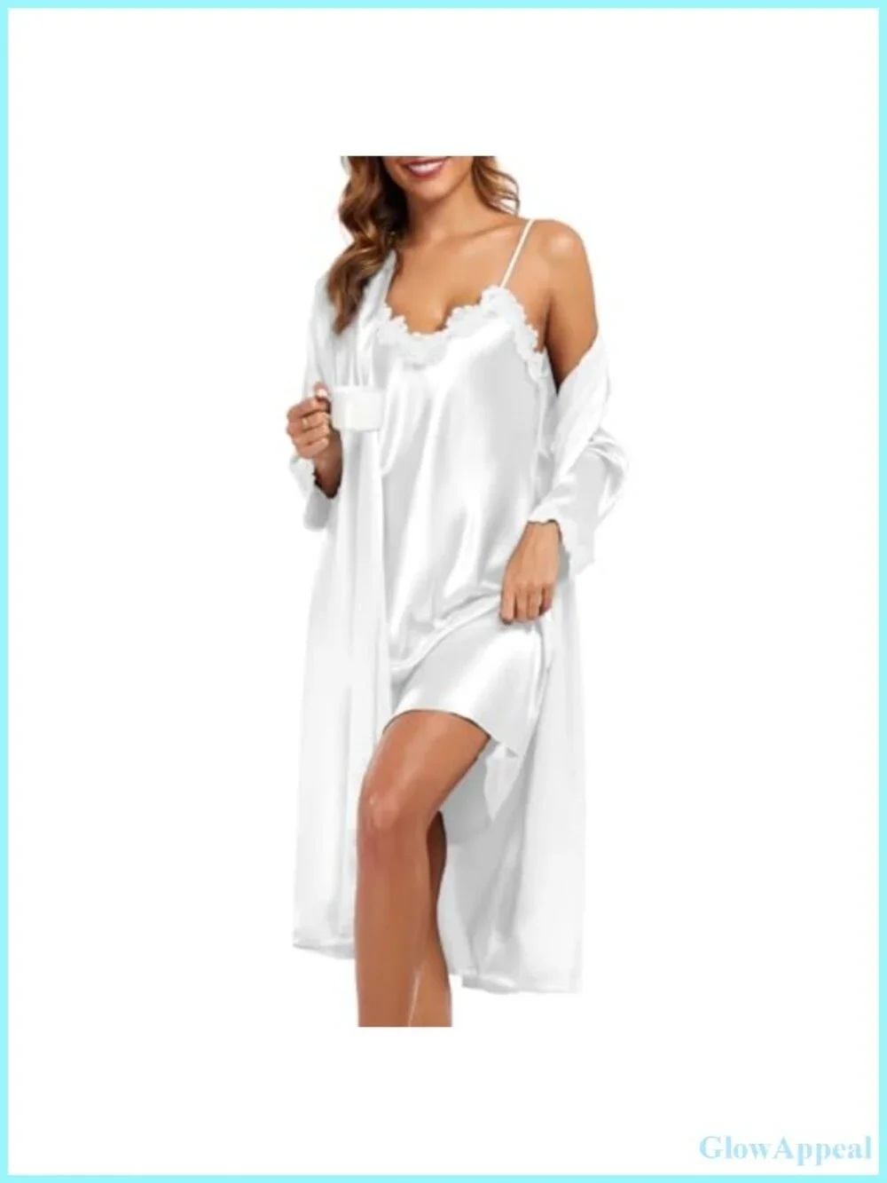 2-Piece Satin Nightgown & Robe Set Lace Trim V-Neck Adjustable Straps
